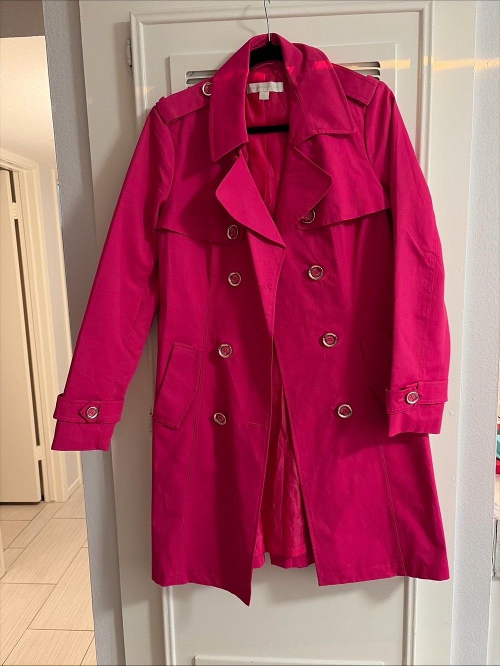 New York & Company Vibrant Fuchsia Double-Breasted Trench Coat Button Front